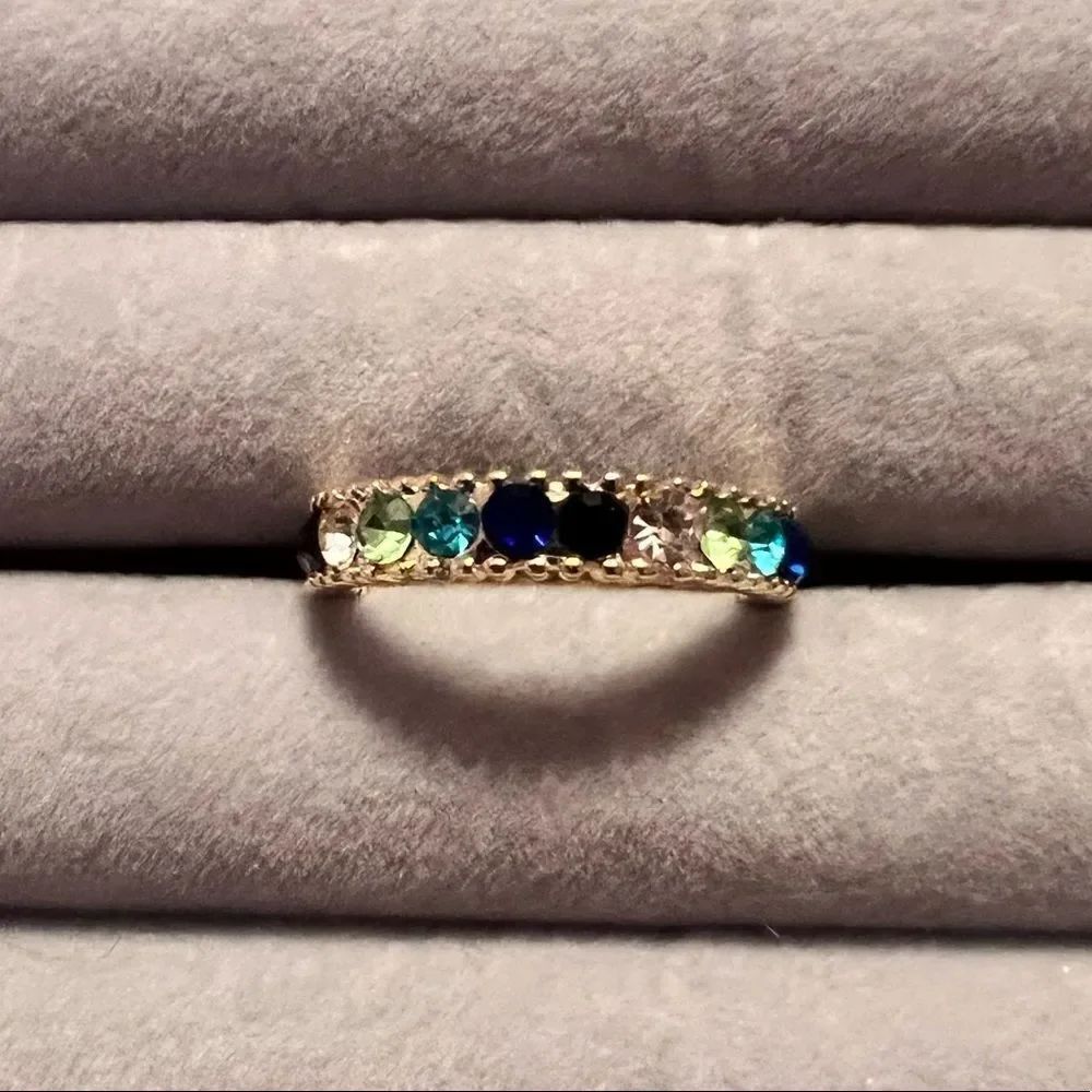 NEW Gold Tone Multicolor Gemstone Ring Blue Green White And Light Blue